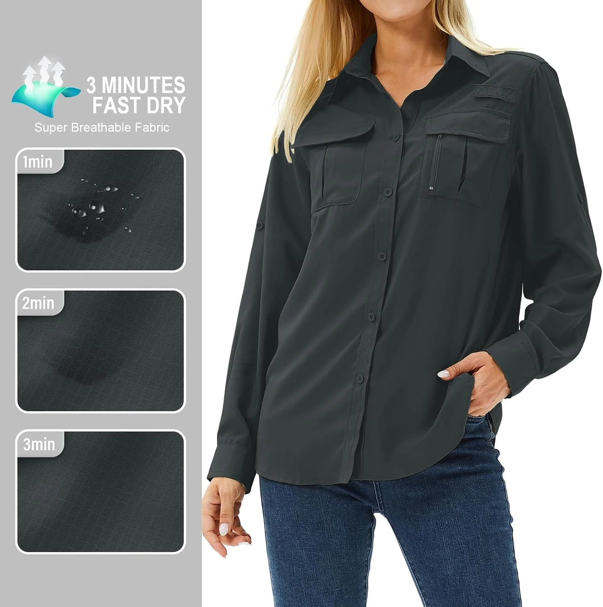 Women's UPF 50 Long Sleeve Sun Protection Safari Fish Hiking Shirts | SPF Safari Clothes for Women,Quick dry Breathable Button Up,Vented Back,Chest Pockets,Glasses Loop,Fishing,Camping,Travel