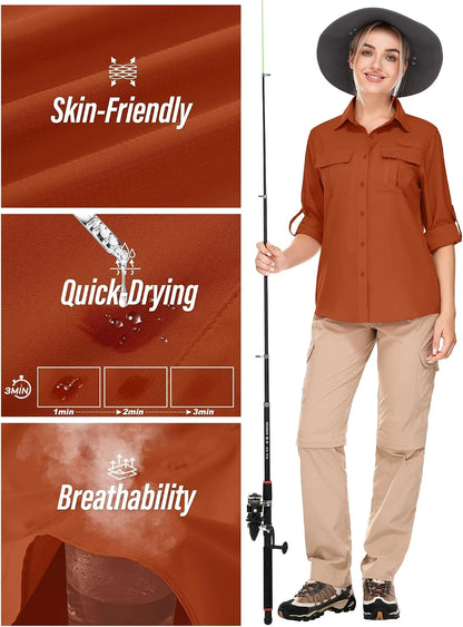 Women's UPF 50 Long Sleeve Sun Protection Safari Fish Hiking Shirts