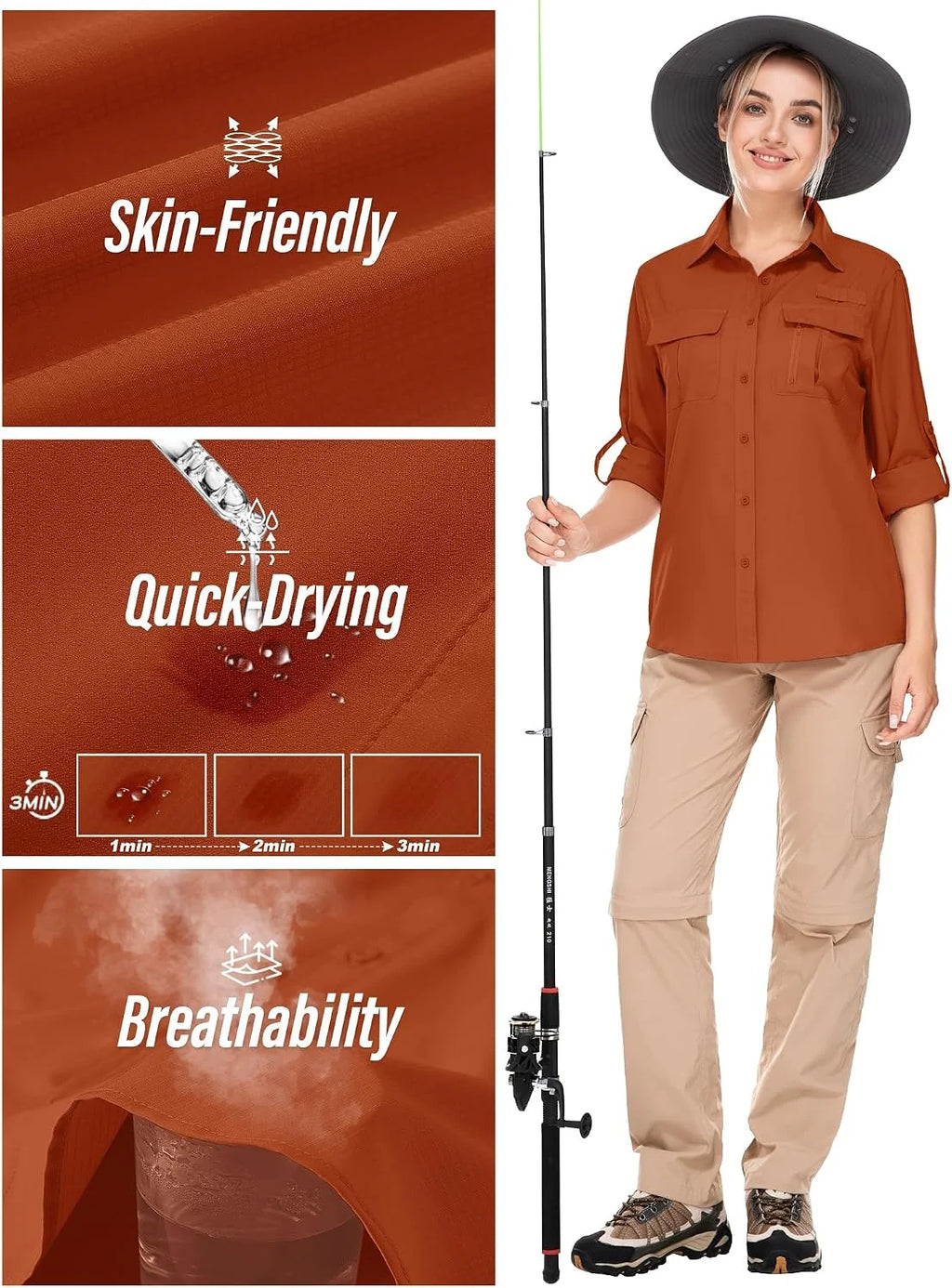 Women's UPF 50 Long Sleeve Sun Protection Safari Fish Hiking Shirts