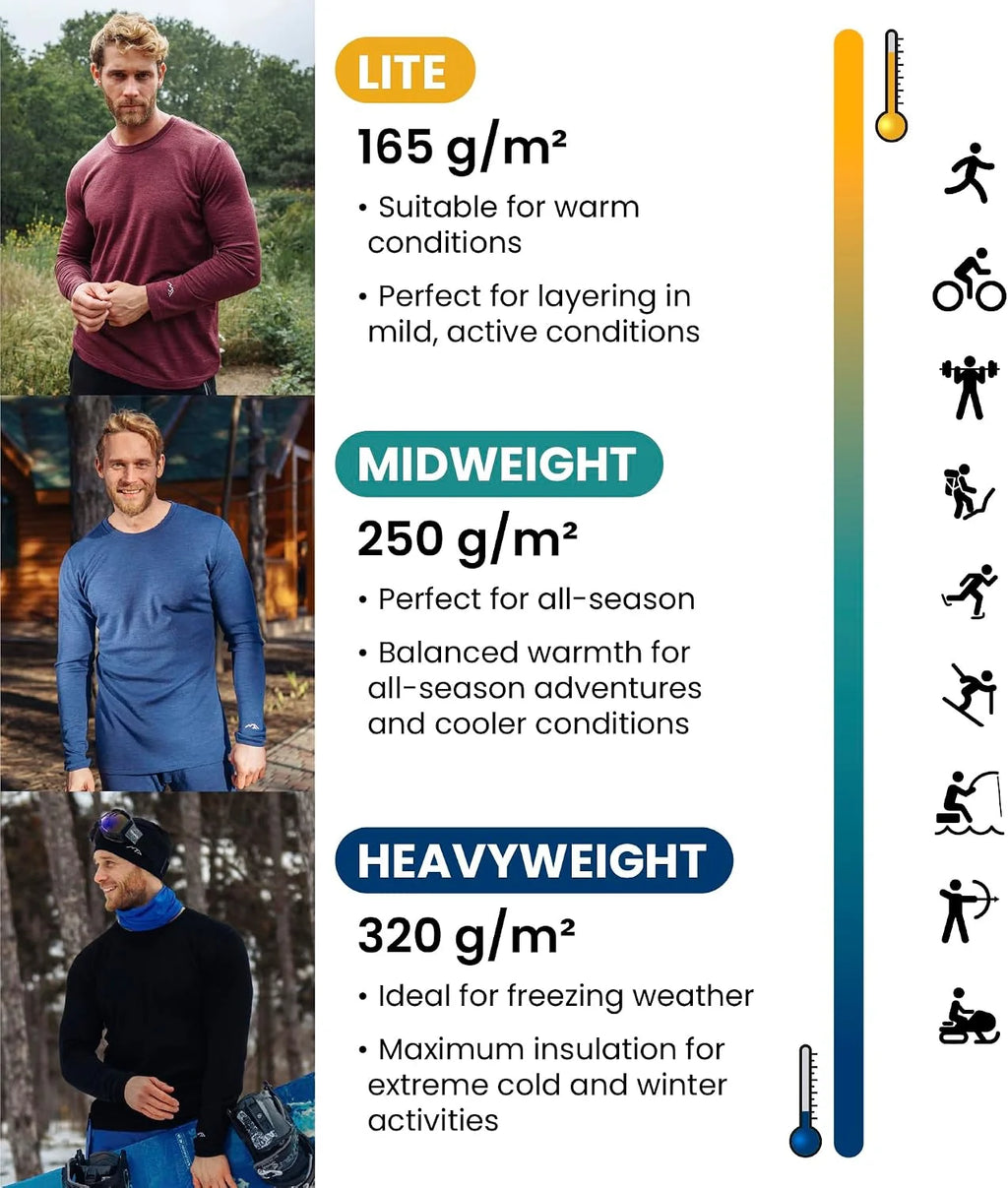 100% Merino Wool Base Layer Men Set - Thermal Underwear for Men Long Johns