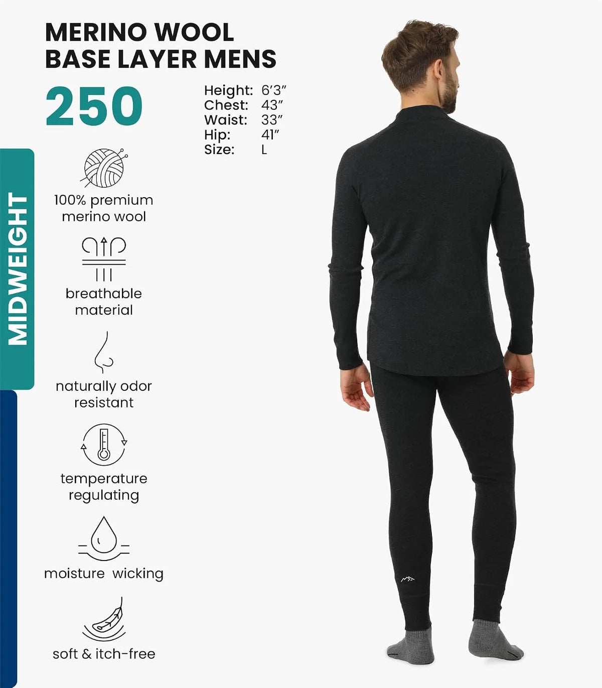 100% Merino Wool Base Layer Men Set - Thermal Underwear for Men Long Johns | Lightweight, Midweight, Heavyweight Long Johns, Naturally Odor-Resistant, Breathable Active Underwear, Hiking, Skiing