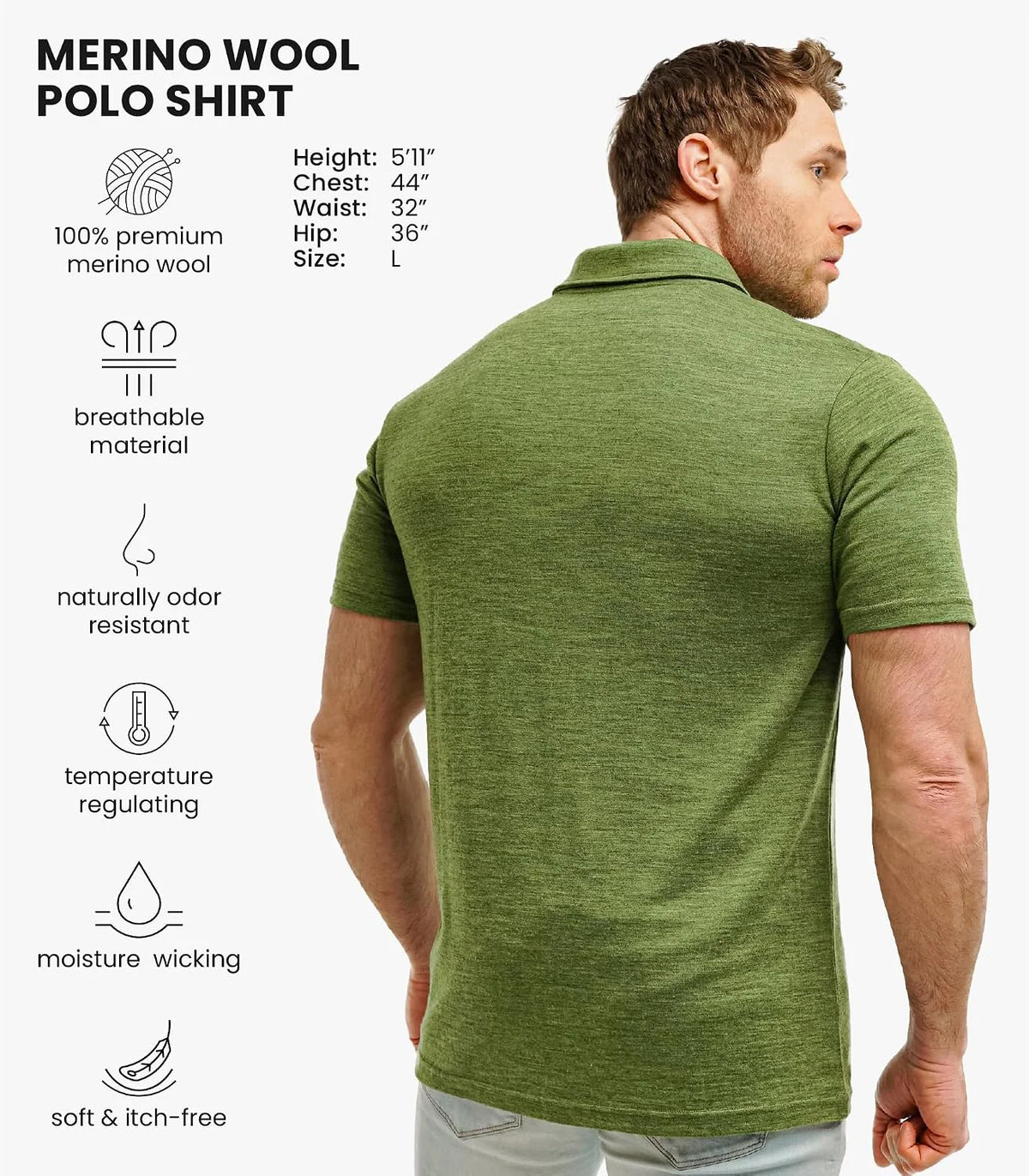 100% Merino Wool Polo Shirt Men - Short & Long Sleeve Shirt Base Later | Lightweight, Breathable Merino Wool, Naturally Anti-Odor, Moisture-Wicking Shirt for Men, Travel, Everyday Wear