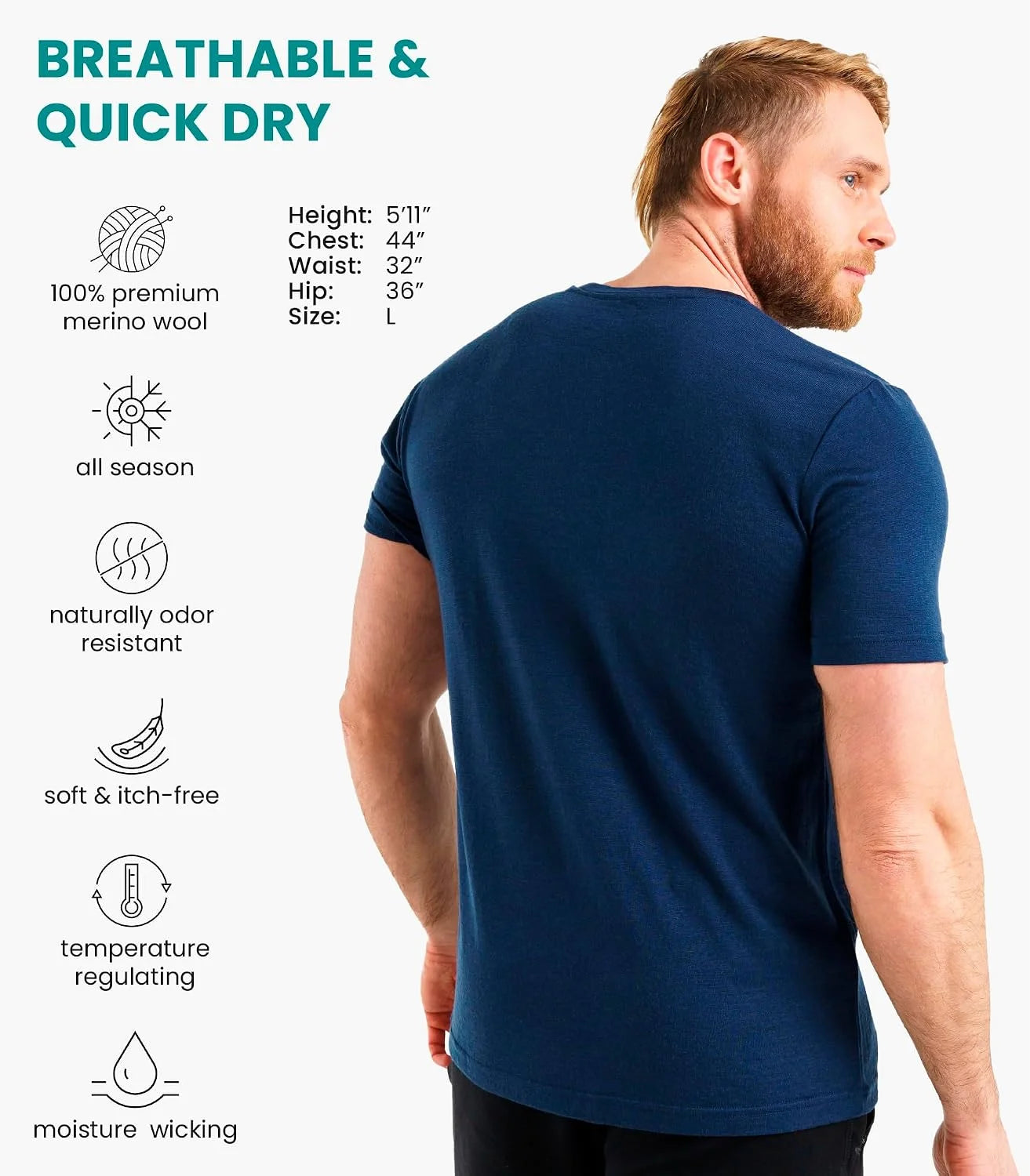 100% Merino Wool T-Shirt Men - Base Layer Top Undershirt with Hiking Socks