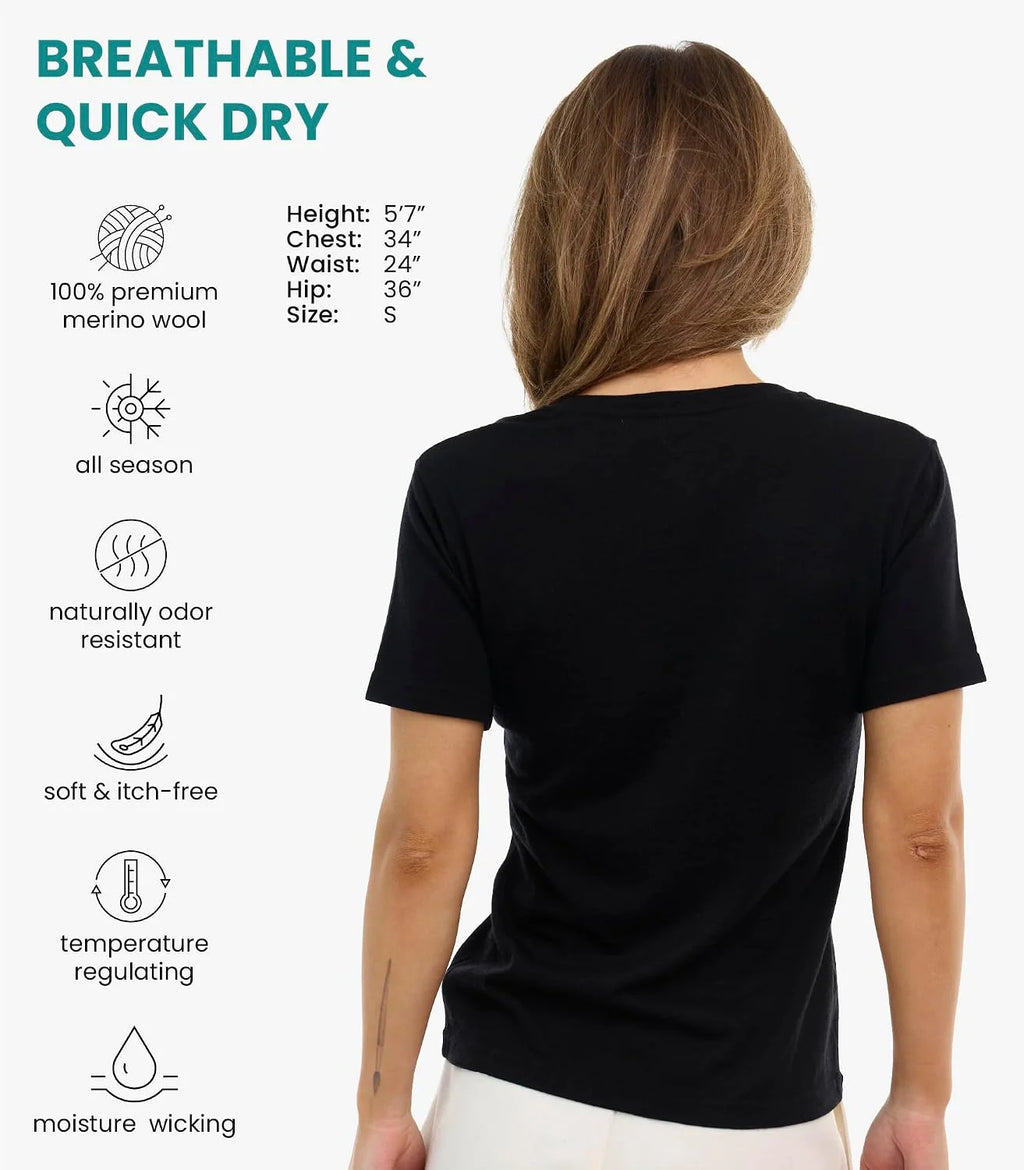 100% Merino Wool Shirt Women - Short Sleeve Tee Base Layer Top Undershirt