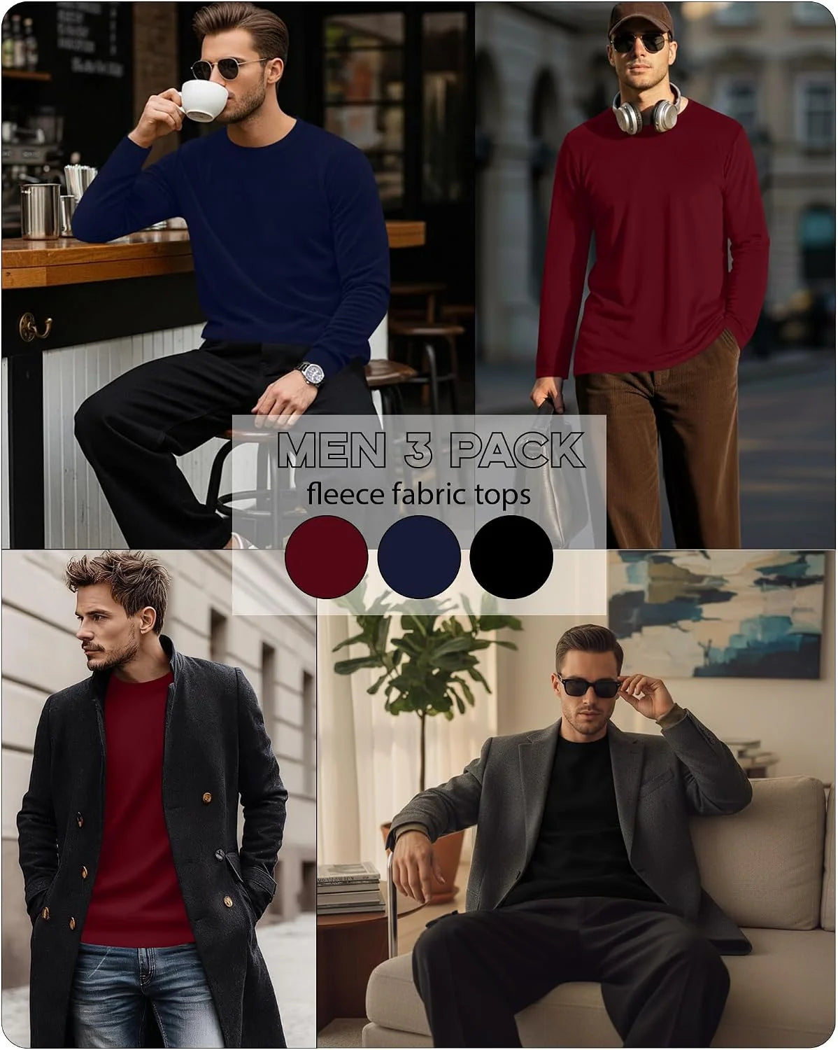 3 Pack Mens Long Sleeve Thermal Shirts Crew Neck Tops