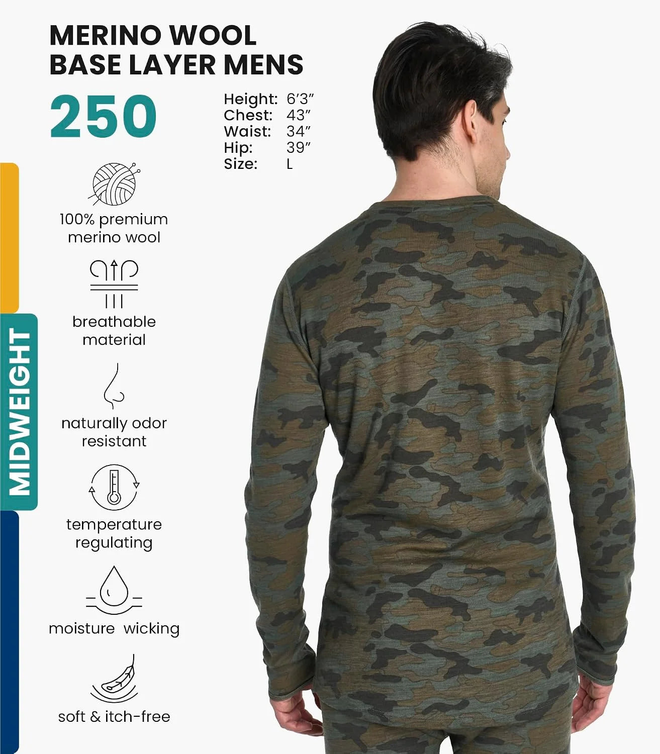 100% Merino Wool Base Layer Mens - Long Sleeve Thermal Shirts with Socks