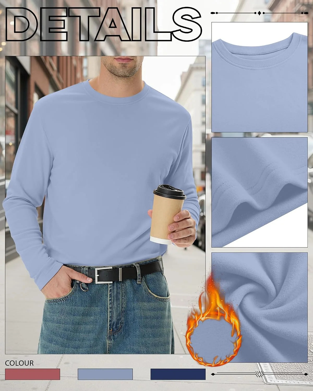 3 Pack Mens Long Sleeve Thermal Shirts Crew Neck Tops