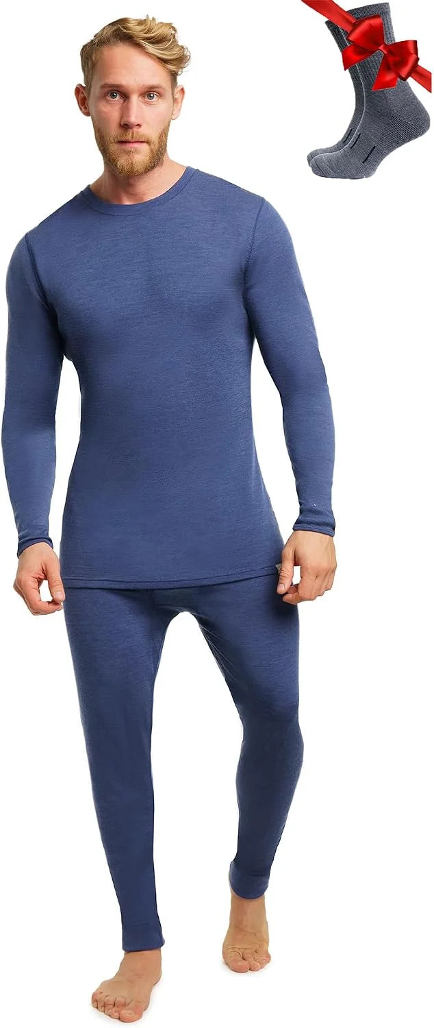 100% Merino Wool Base Layer Men Set - Thermal Underwear for Men Long Johns