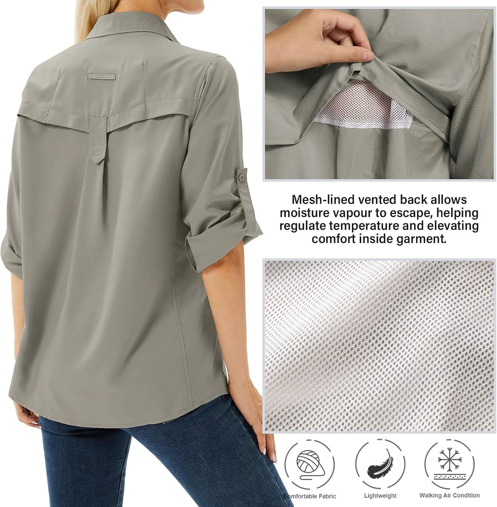 Women's UPF 50 Long Sleeve Sun Protection Safari Fish Hiking Shirts