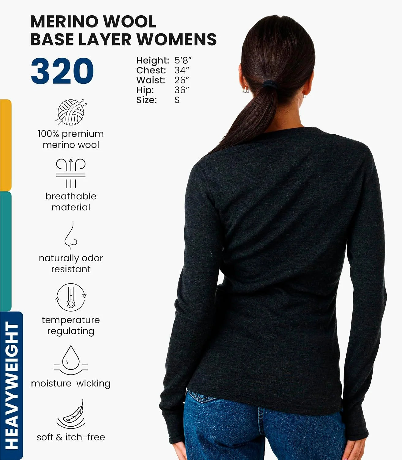 100% Merino Wool Base Layer Women - Long Sleeve Thermal Shirt with Socks