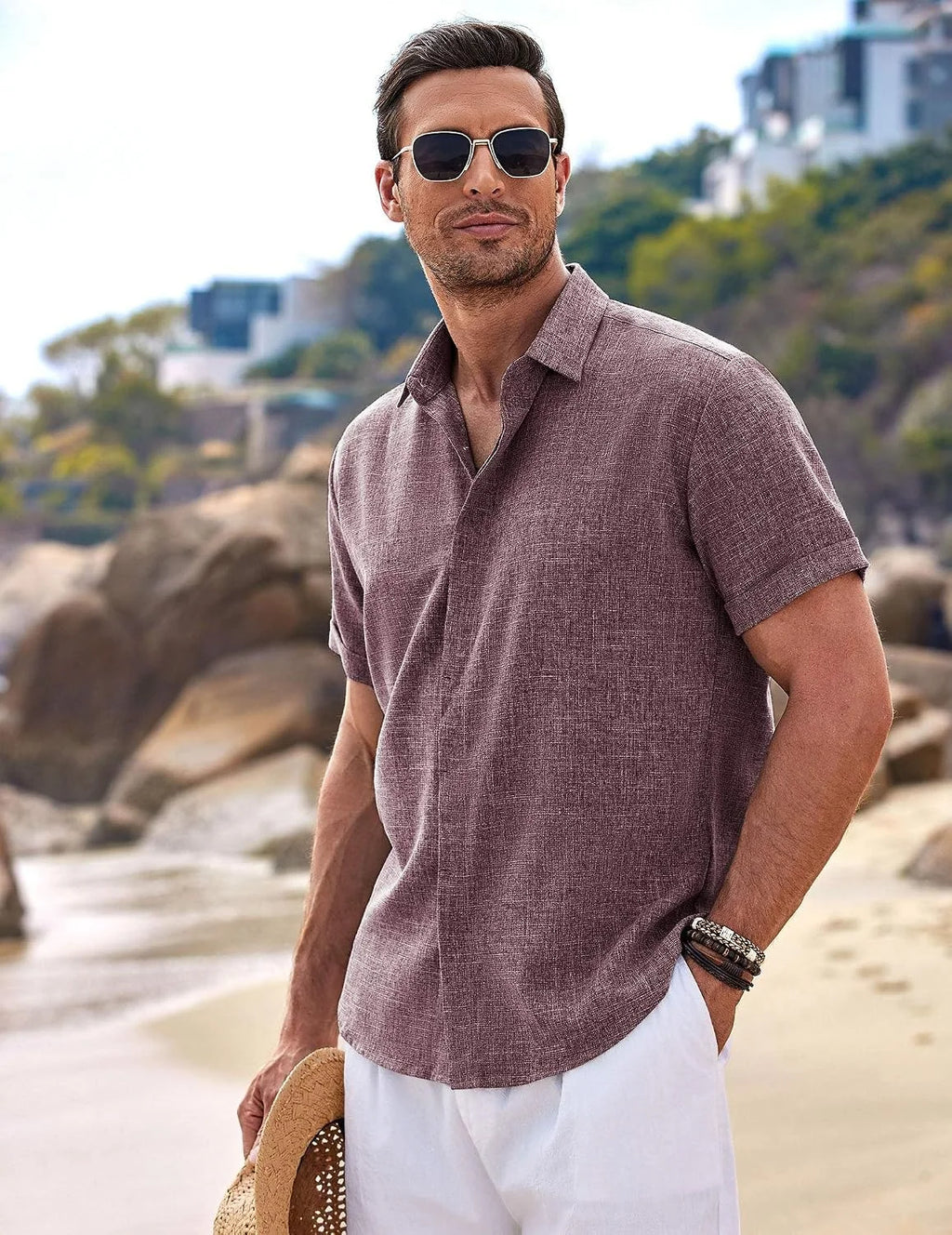 COOFANDY Men's Linen Shirts Short Sleeve Casual Shirts Button Down Shirt for Men Beach Summer Wedding Shirt