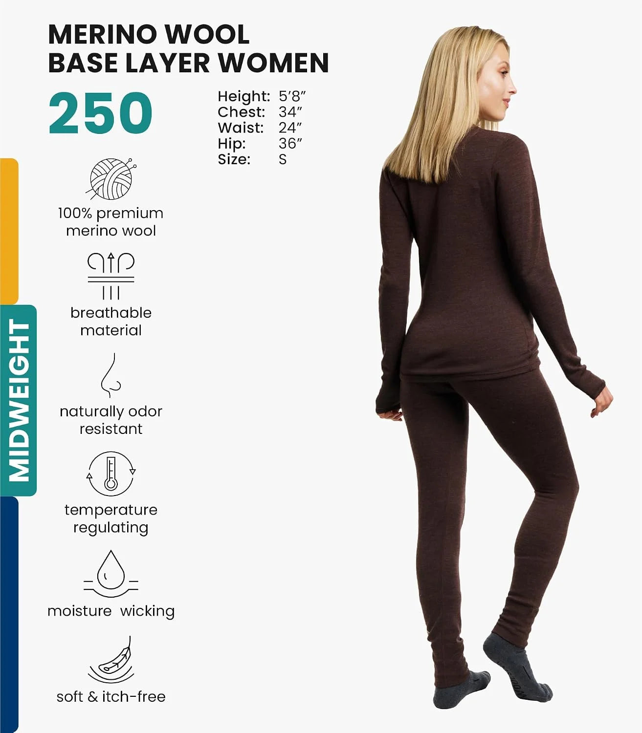 100% Merino Wool Base Layer Women Set - Thermal Underwear Women Top, Bottom | Lightweight, Midweight, Heavyweight Base Layer, Moisture-Wicking, Breathable Active Underwear, Hiking, Skiing, Camping