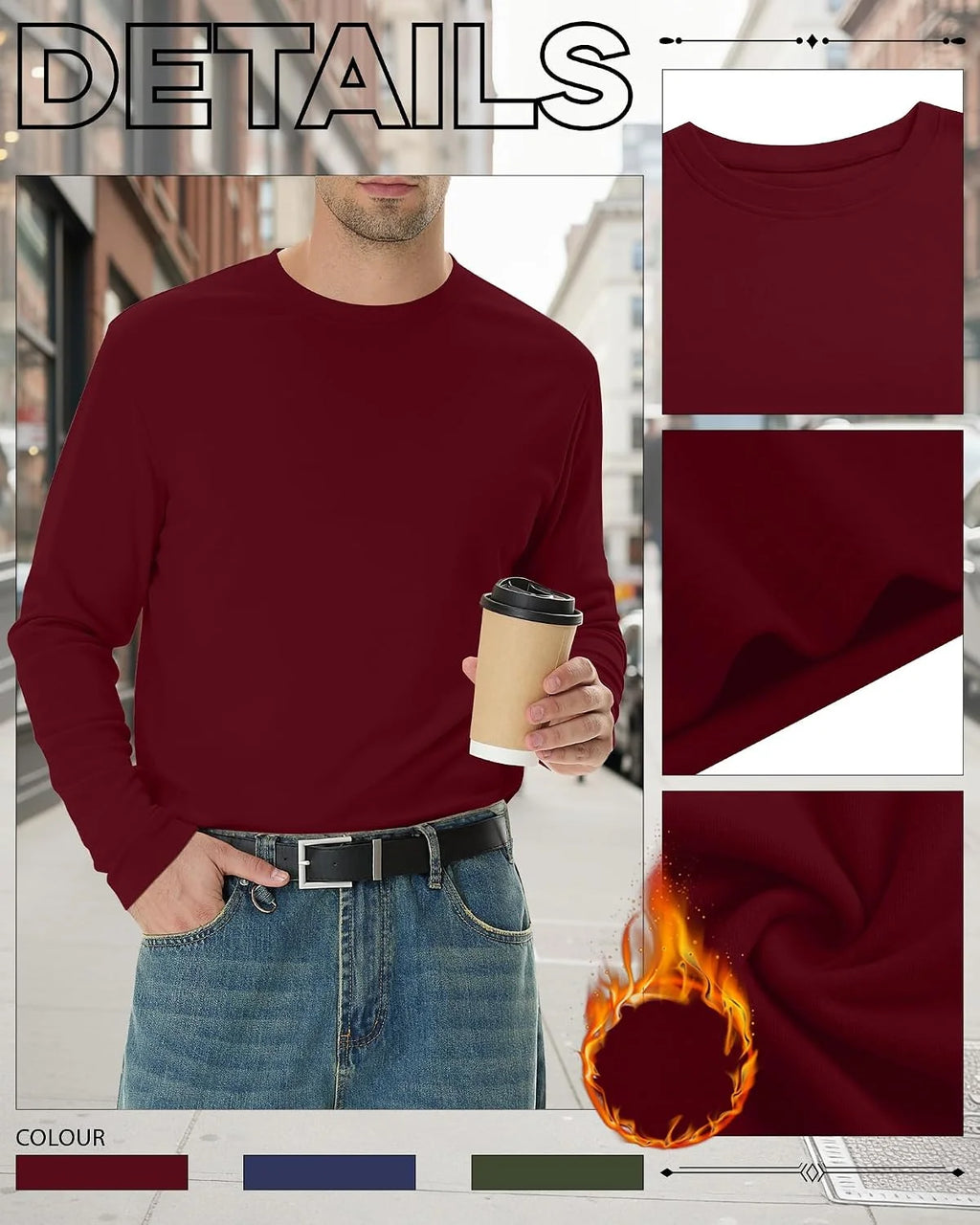 3 Pack Mens Long Sleeve Thermal Shirts Crew Neck Tops