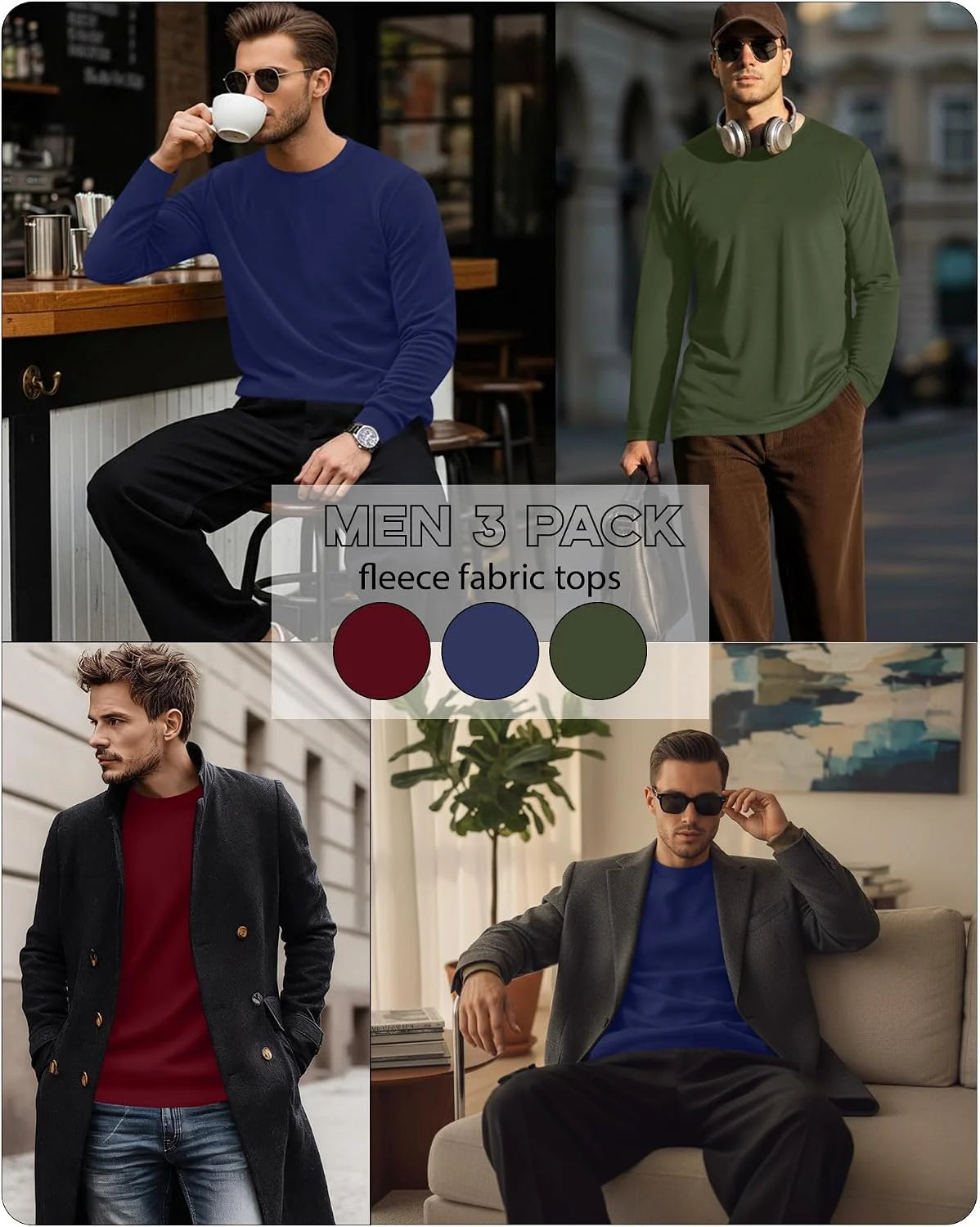 3 Pack Mens Long Sleeve Thermal Shirts Crew Neck Tops