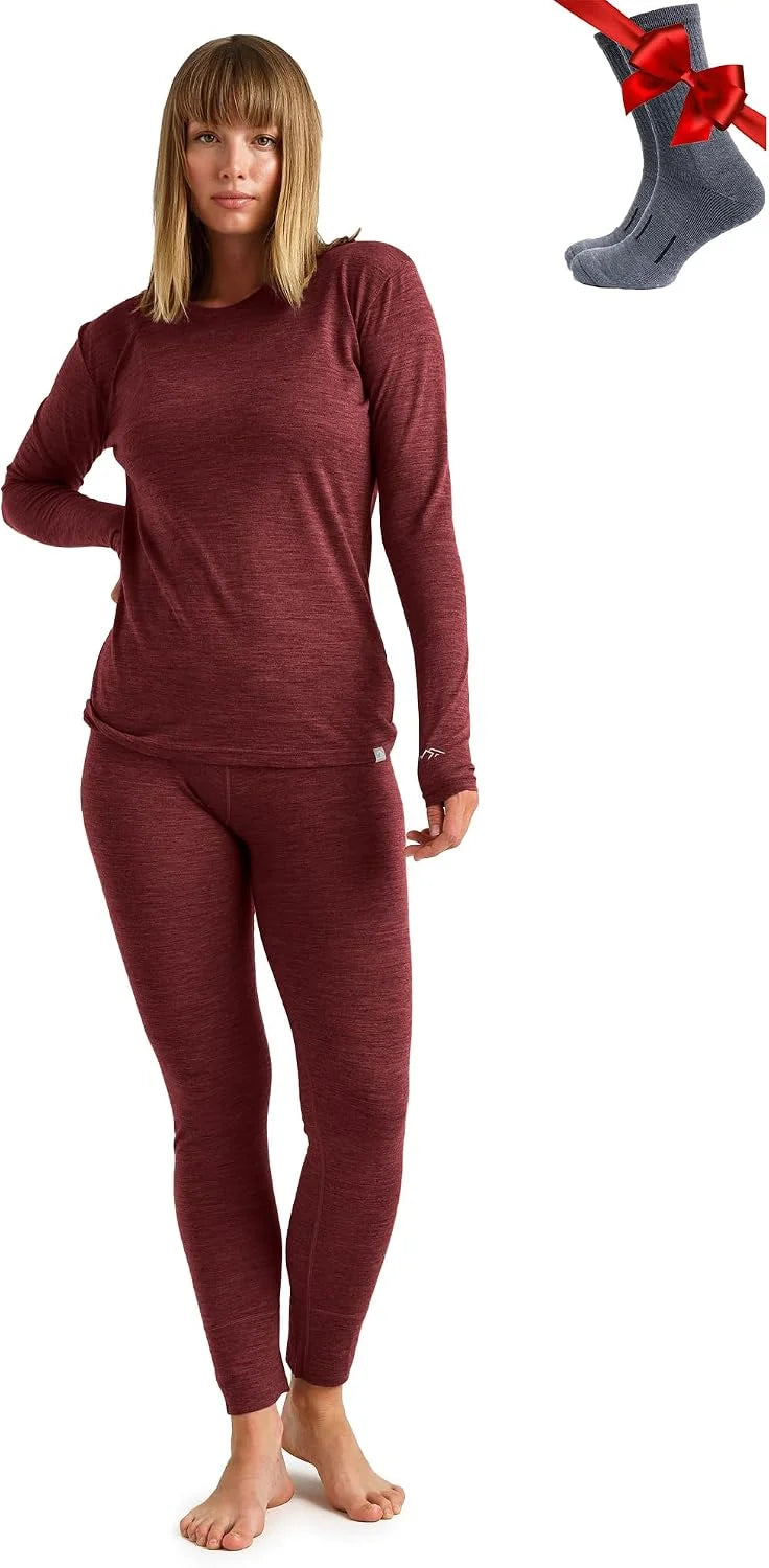 100% Merino Wool Base Layer Women Set - Thermal Underwear Women Top, Bottom | Lightweight, Midweight, Heavyweight Base Layer, Moisture-Wicking, Breathable Active Underwear, Hiking, Skiing, Camping