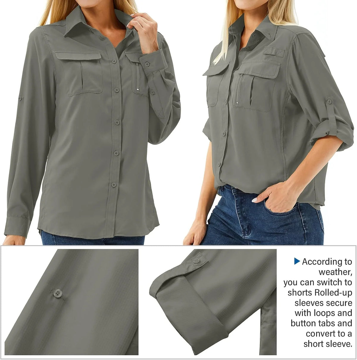 Women's UPF 50 Long Sleeve Sun Protection Safari Fish Hiking Shirts
