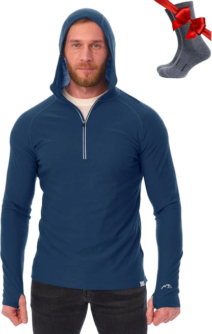 100% Merino Wool Hoodie Men - Slim Fit Quarter Zip Thermal Base Layer Top