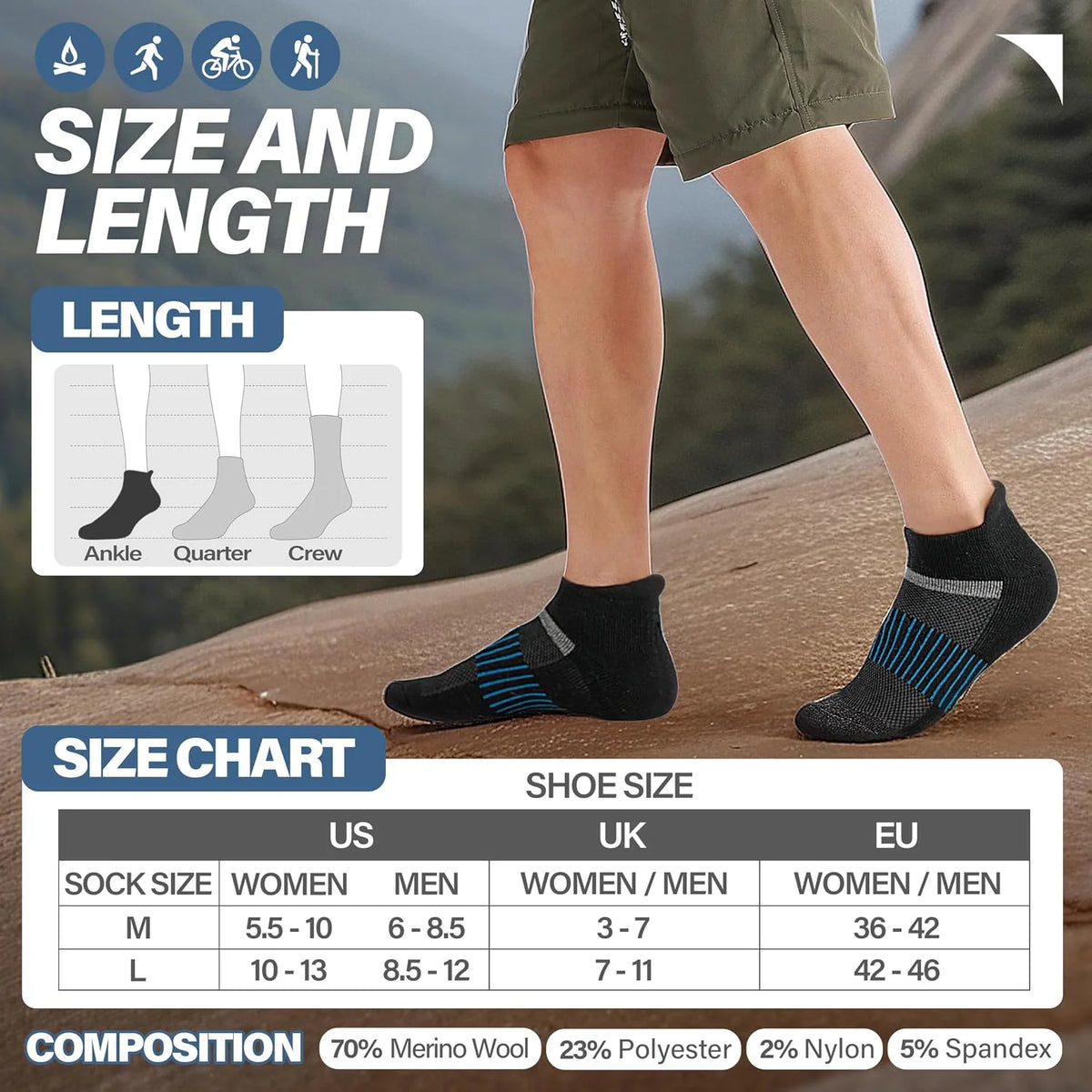 Anlisim Merino Wool Ankle Running Hiking Socks for Women and Men | 6 Pairs, Compression Support, Breathable, Thick Cushion, Enhanced Padding, Moisture Wicking, No Show Socks