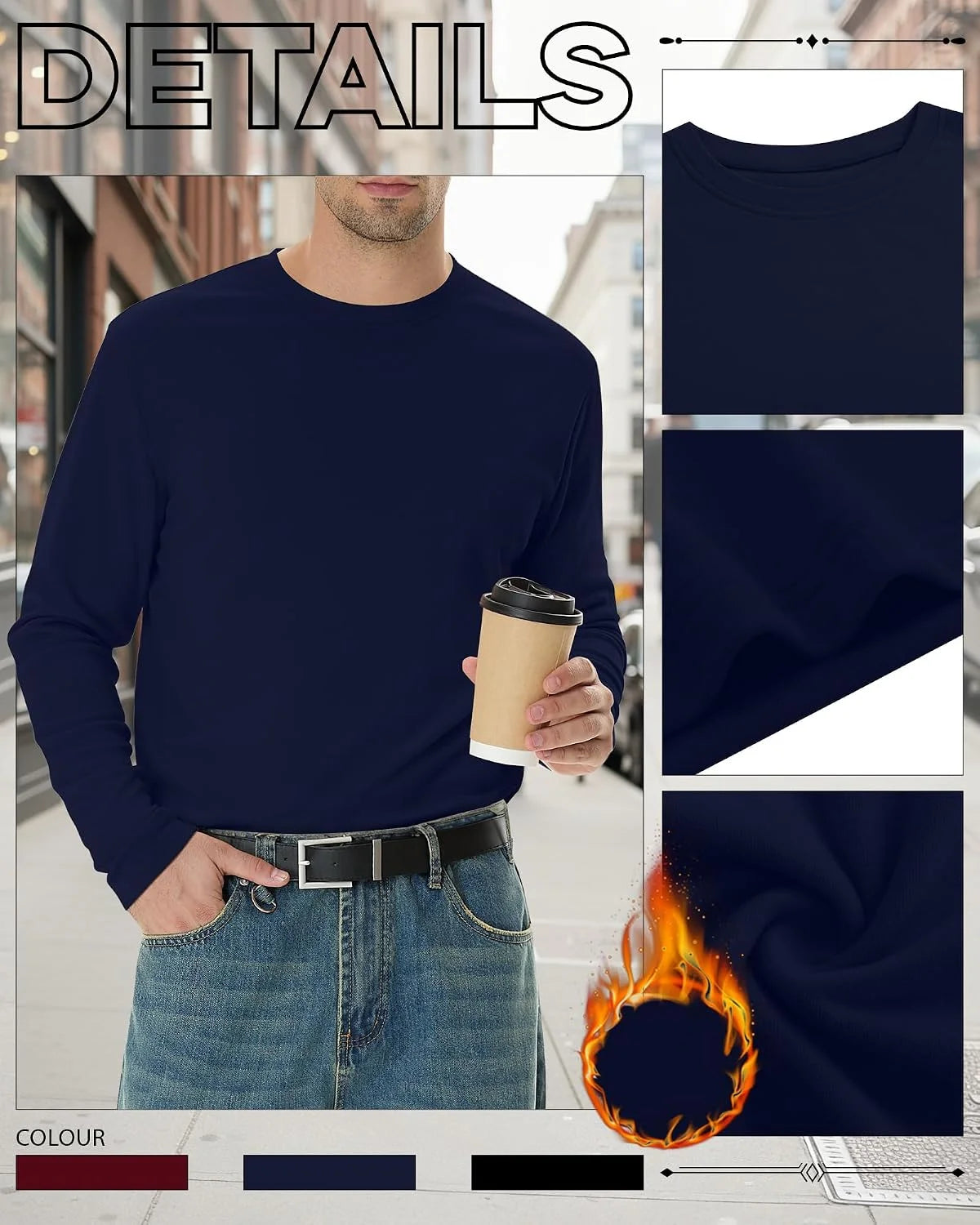 3 Pack Mens Long Sleeve Thermal Shirts Crew Neck Tops