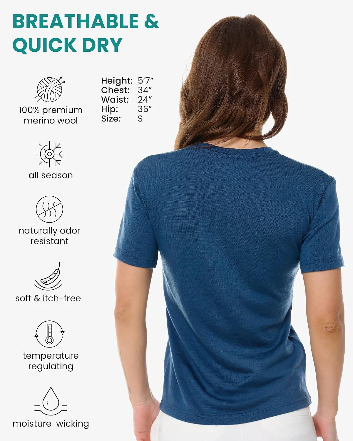 100% Merino Wool Shirt Women - Short Sleeve Tee Base Layer Top Undershirt