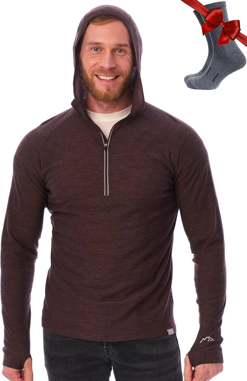 100% Merino Wool Hoodie Men - Slim Fit Quarter Zip Thermal Base Layer Top