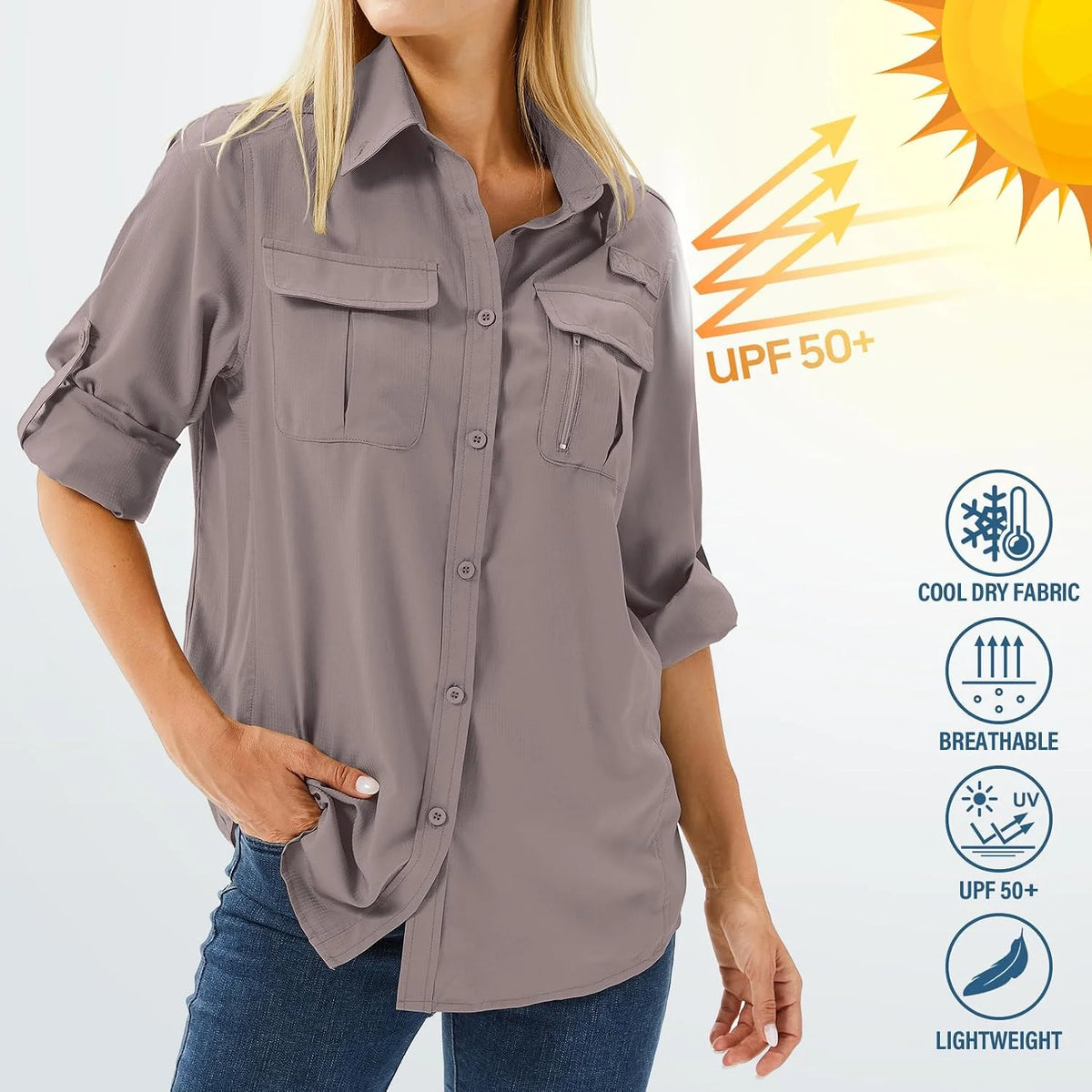 Women's UPF 50 Long Sleeve Sun Protection Safari Fish Hiking Shirts