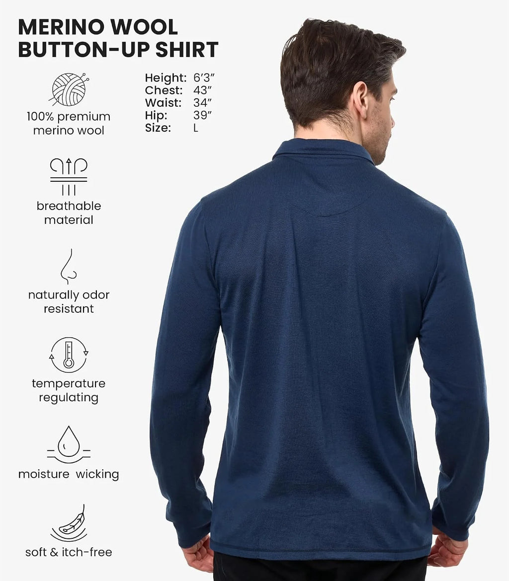 100% Merino Wool Button Up Shirt Men - Long & Short Sleeve Breathable