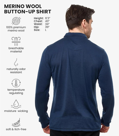 100% Merino Wool Button Up Shirt Men - Long & Short Sleeve Breathable