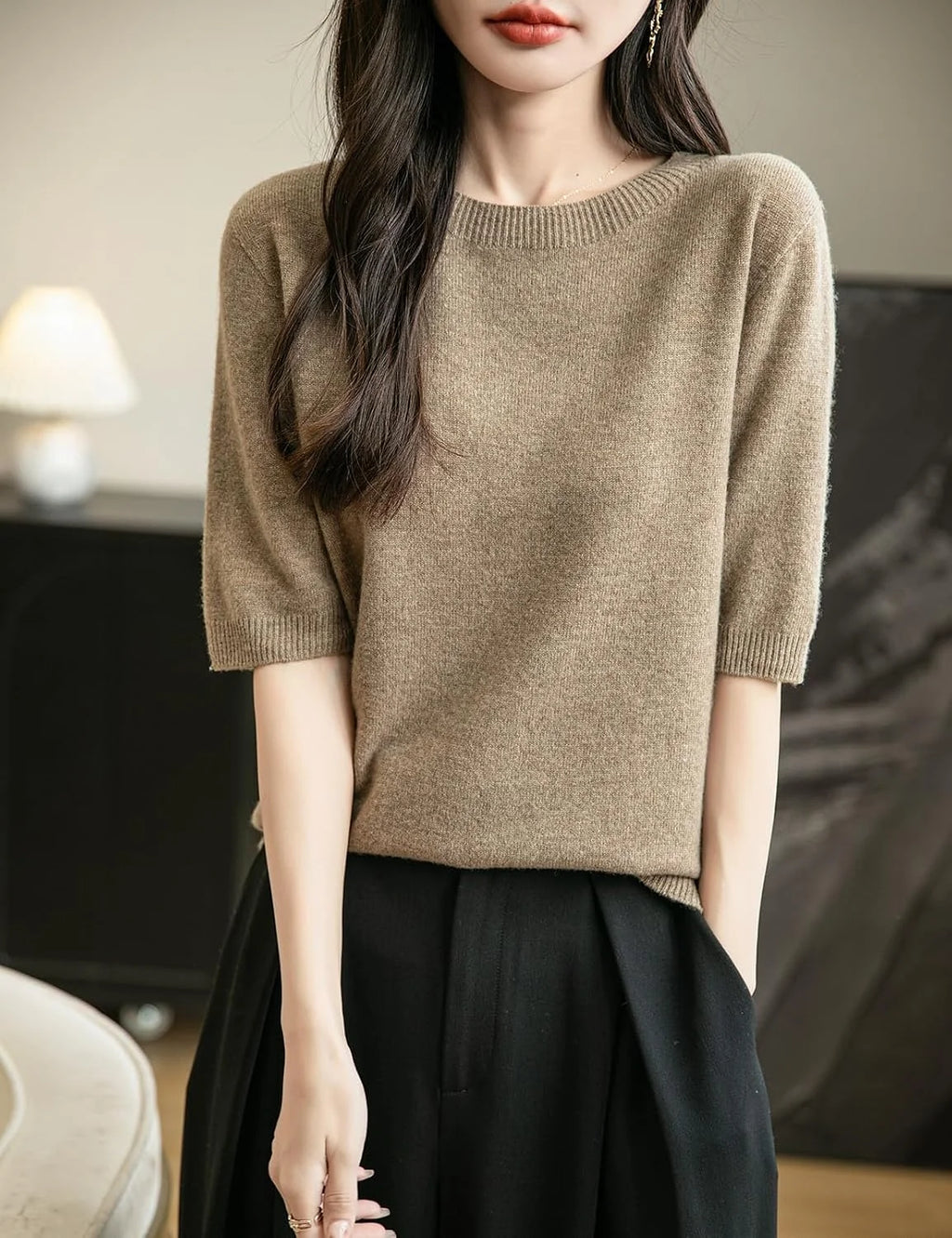 Chanyarn Women's 100% Merino Wool Spring Fall Winter First-Line Ready to Wear Seamless Knit Crewneck Short Sleeve Sweater