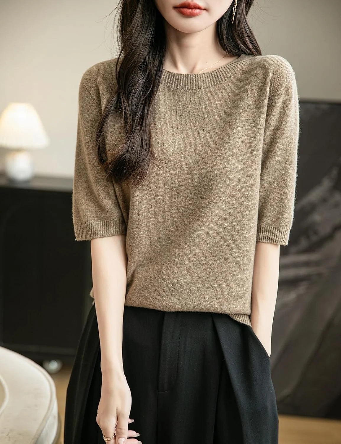 Chanyarn Women's 100% Merino Wool Spring Fall Winter First-Line Ready to Wear Seamless Knit Crewneck Short Sleeve Sweater