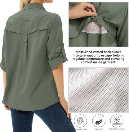 Women's UPF 50 Long Sleeve Sun Protection Safari Fish Hiking Shirts