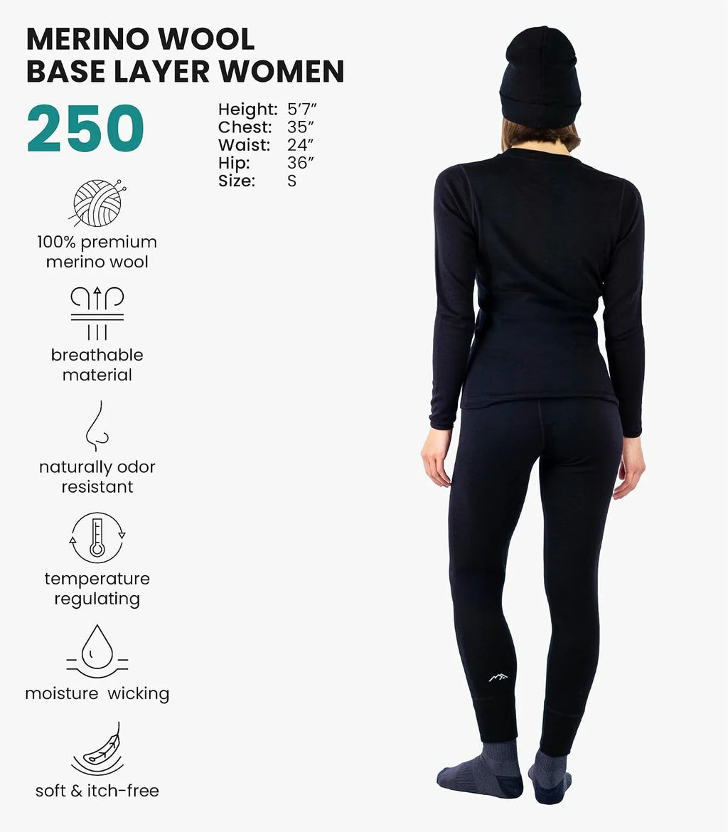 100% Merino Wool Base Layer Women Set - Thermal Underwear Women Top, Bottom