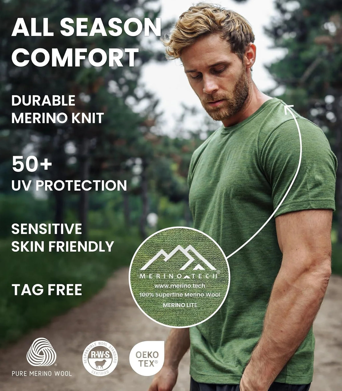100% Merino Wool T-Shirt Men - Short Sleeve Undershirt Base Layer Top