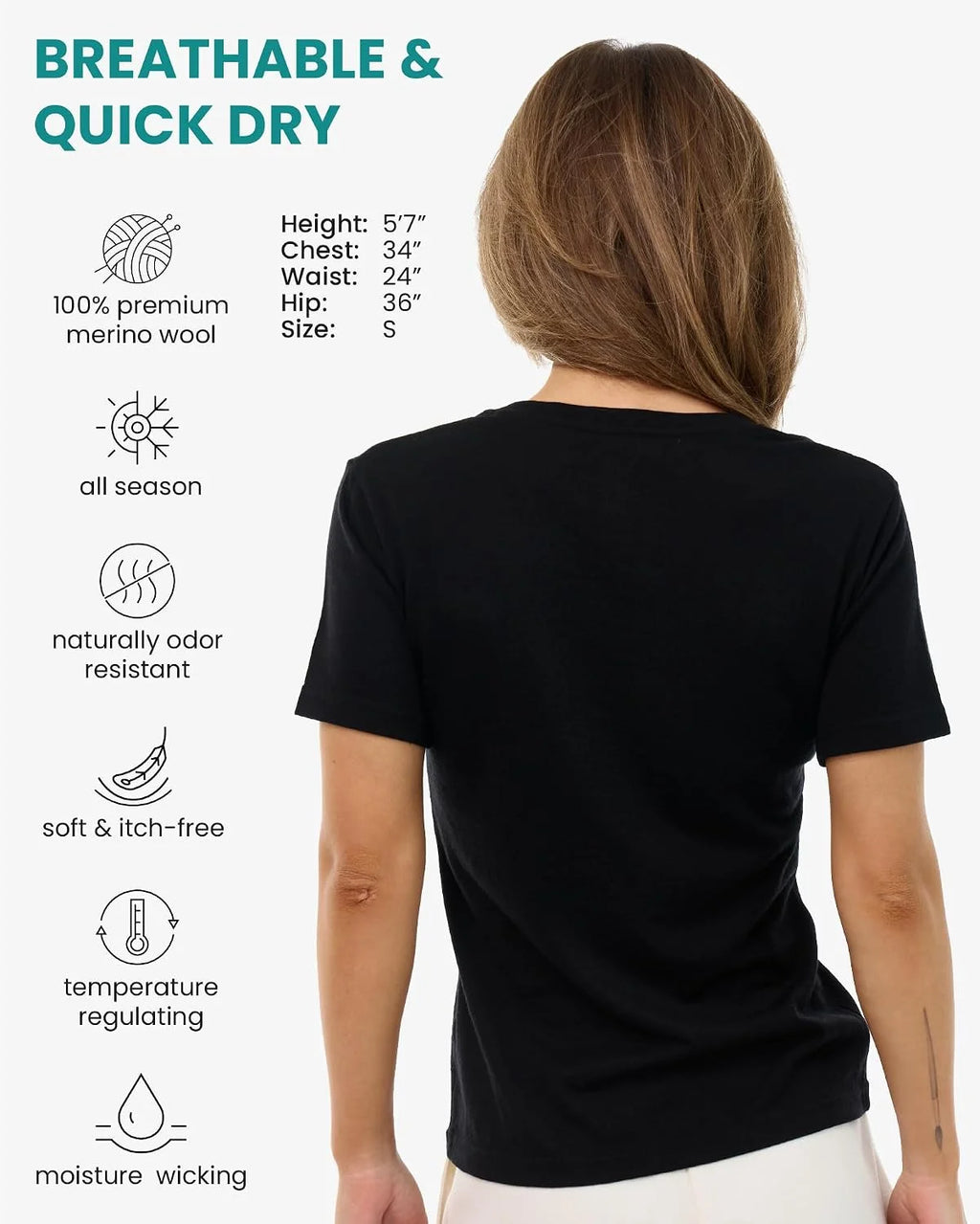 100% Merino Wool Shirt Women - Short Sleeve Tee Base Layer Top Undershirt