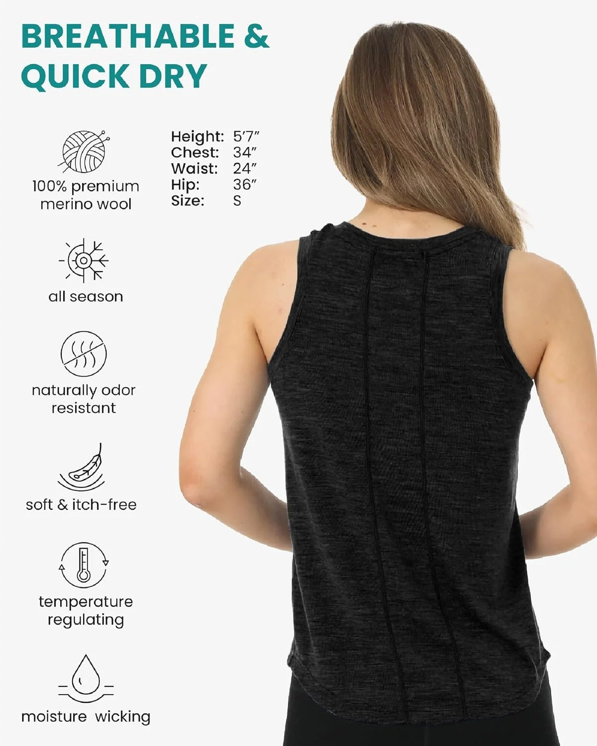 100% Merino Wool Tank Top Women - Active Sleeveless Undershirt Base Layer