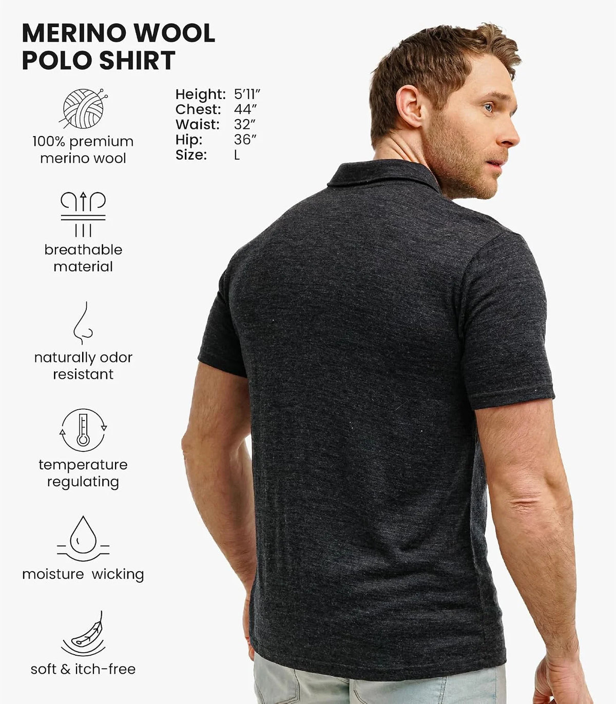 100% Merino Wool Polo Shirt Men - Short & Long Sleeve Shirt Base Later | Lightweight, Breathable Merino Wool, Naturally Anti-Odor, Moisture-Wicking, Ideal for Active, Travel, Everyday Wear, Layering