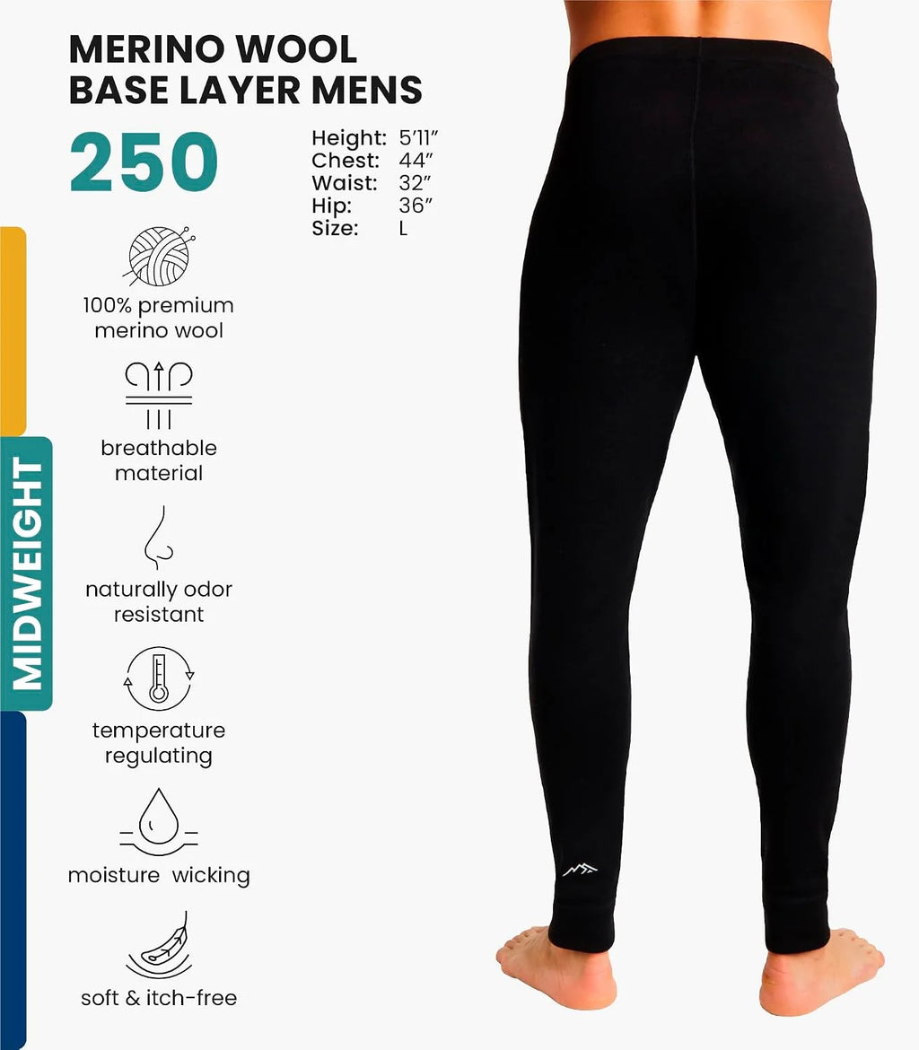 100% Merino Wool Base Layer Mens Pants - Thermal Underwear Long Johns