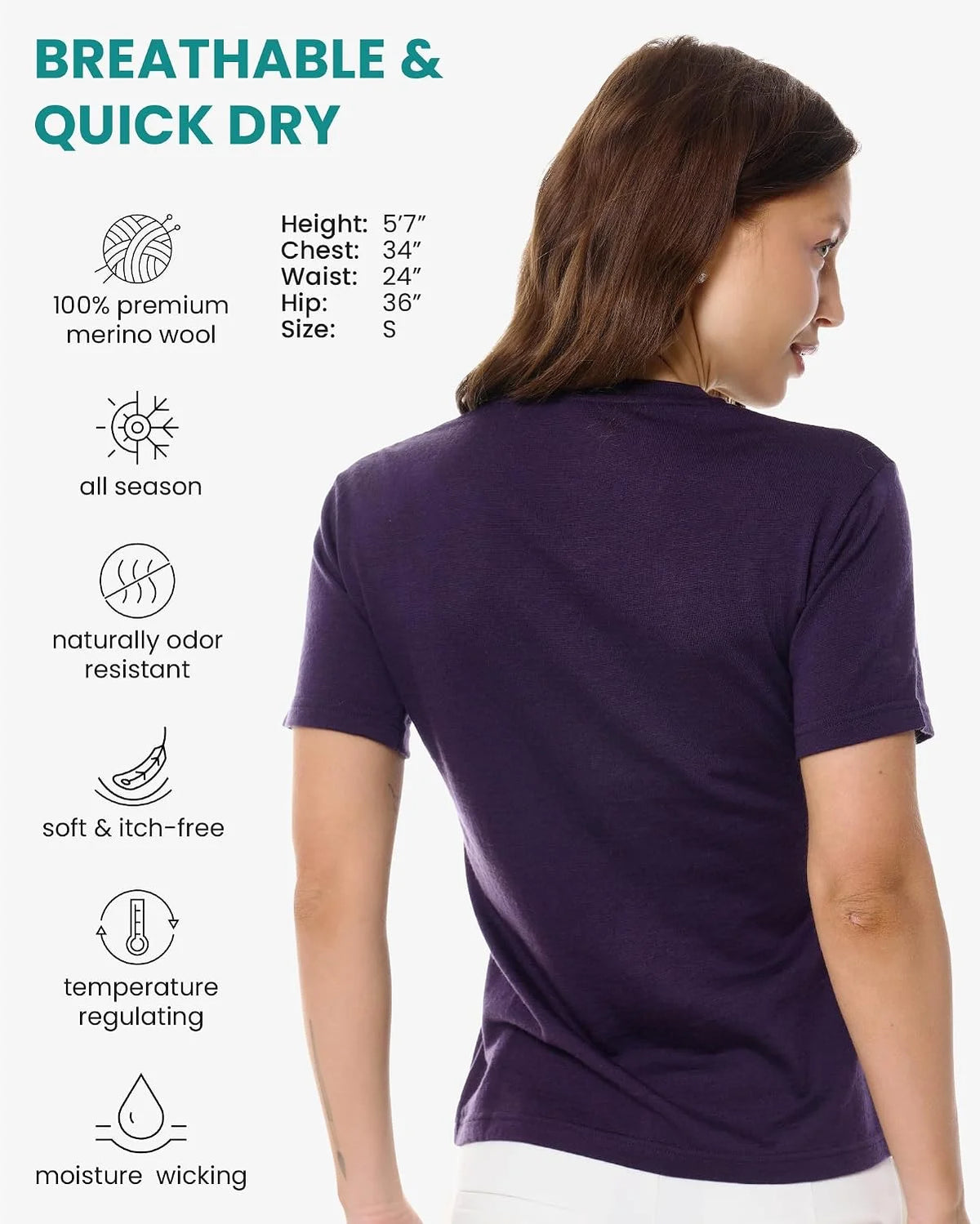 100% Merino Wool Shirt Women - Short Sleeve Tee Base Layer Top Undershirt