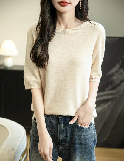 Chanyarn Women's 100% Merino Wool Spring Fall Winter First-Line Ready to Wear Seamless Knit Crewneck Short Sleeve Sweater