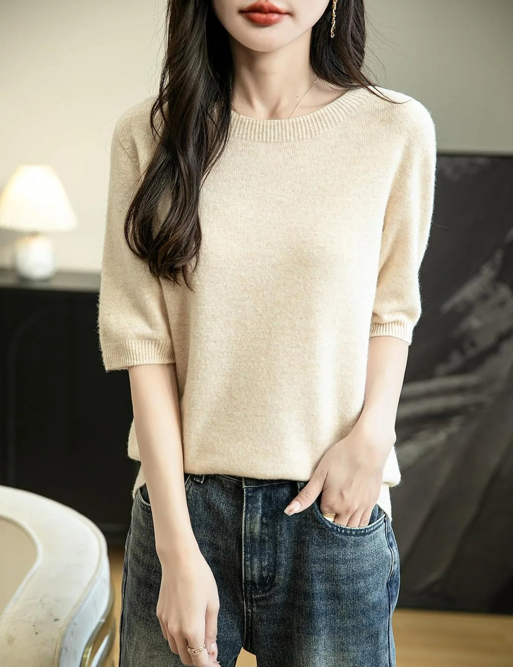 Chanyarn Women's 100% Merino Wool Spring Fall Winter First-Line Ready to Wear Seamless Knit Crewneck Short Sleeve Sweater