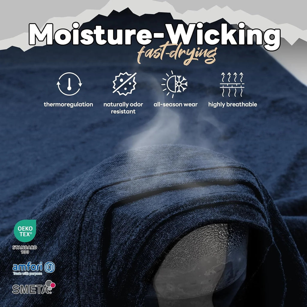 Merino Wool Shirt for Men Bamboo Viscose Moisture Wicking Undershirt Lightweight Crewneck Soft T-Shirt 2P