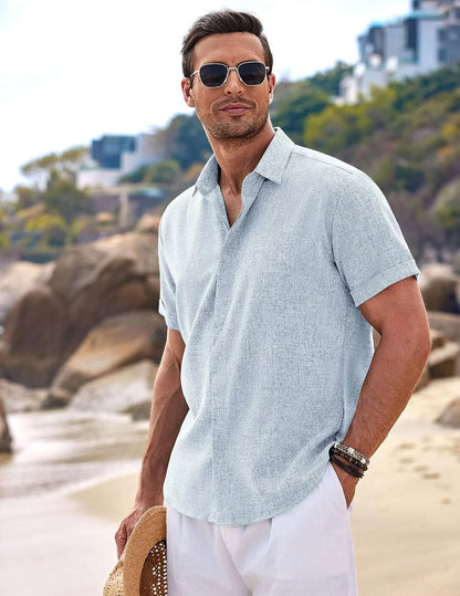 COOFANDY Men's Linen Shirts Short Sleeve Casual Shirts Button Down Shirt for Men Beach Summer Wedding Shirt