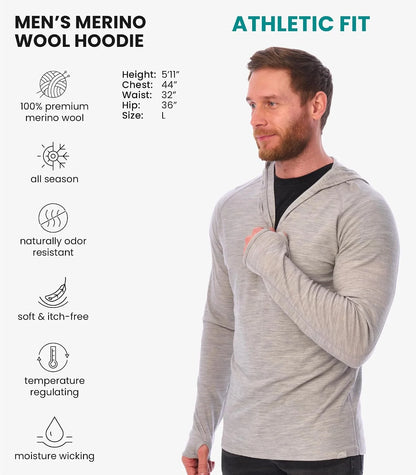 100% Merino Wool Hoodie Men - Slim Fit Quarter Zip Thermal Base Layer Top