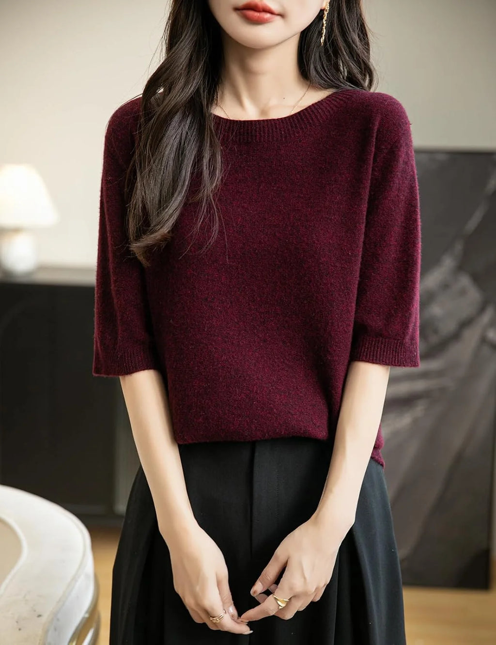 Chanyarn Women's 100% Merino Wool Spring Fall Winter First-Line Ready to Wear Seamless Knit Crewneck Short Sleeve Sweater