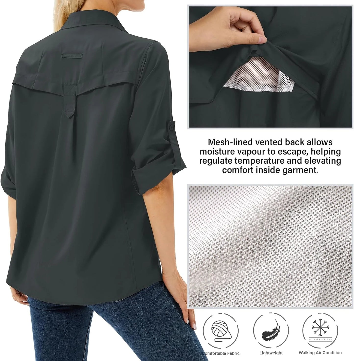 Women's UPF 50 Long Sleeve Sun Protection Safari Fish Hiking Shirts | SPF Safari Clothes for Women,Quick dry Breathable Button Up,Vented Back,Chest Pockets,Glasses Loop,Fishing,Camping,Travel