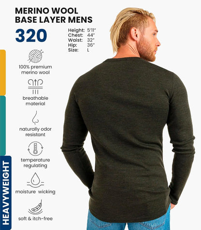 100% Merino Wool Base Layer Mens - Long Sleeve Thermal Shirts with Socks