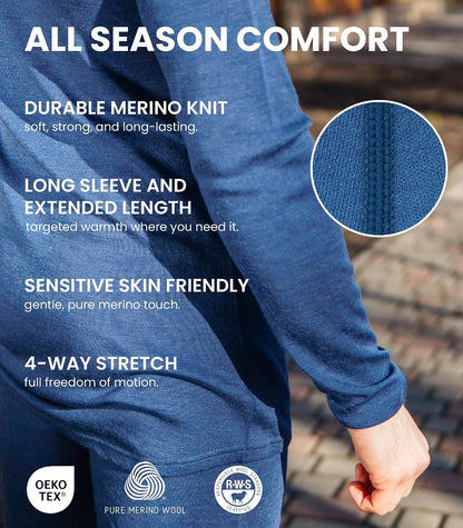 100% Merino Wool Base Layer Mens - Long Sleeve Thermal Shirts with Socks | Lightweight, Midweight, Heavyweight Base Layer, Naturally Odor-Resistant, Breathable Shirt, Ideal for Hiking, Cold Weather