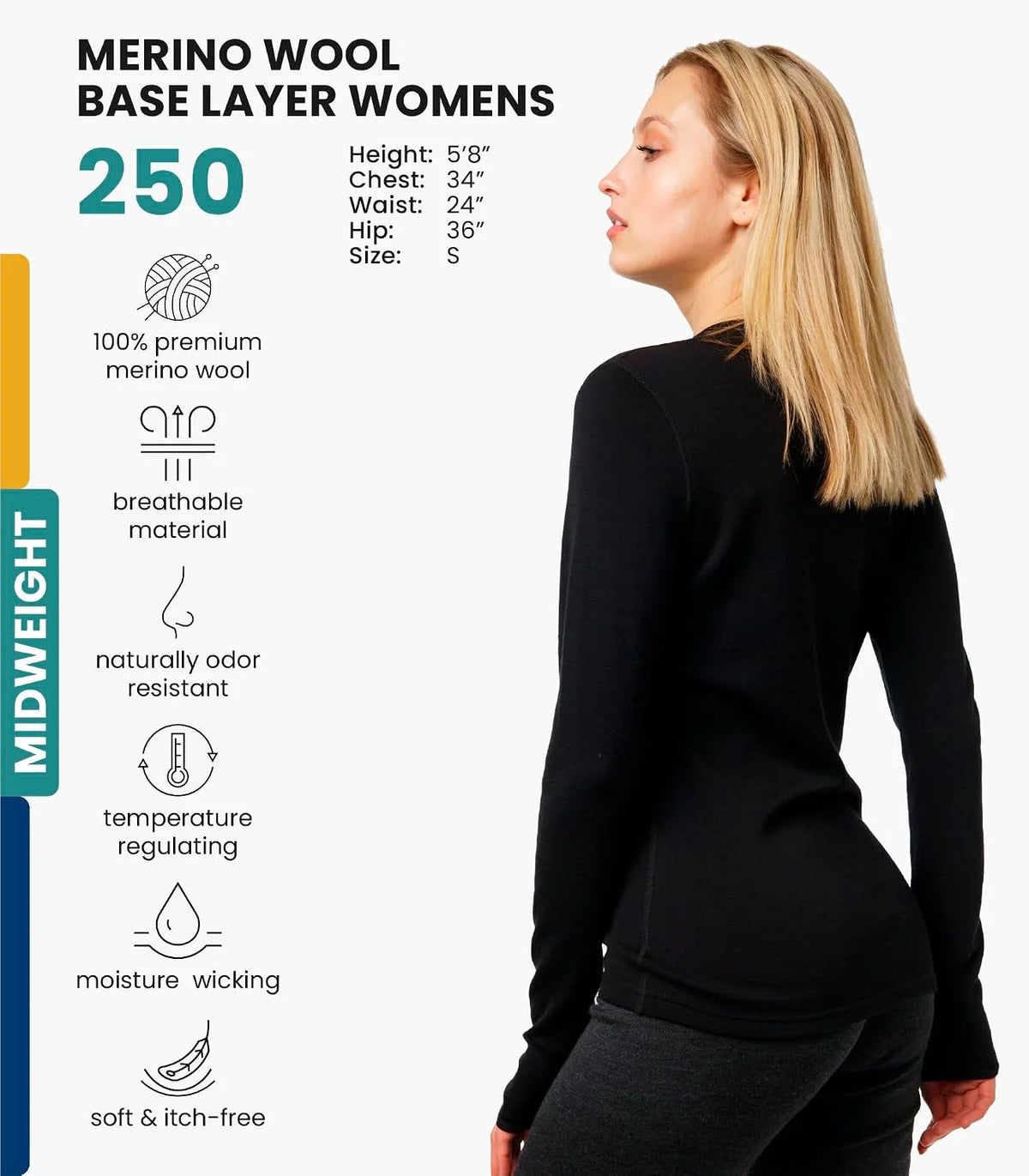 100% Merino Wool Base Layer Women - Long Sleeve Thermal Shirt with Socks | Lightweight, Midweight, Heavyweight Shirts, Naturally Odor-Resistant, Breathable, Hiking, Cold Weather Base Layer