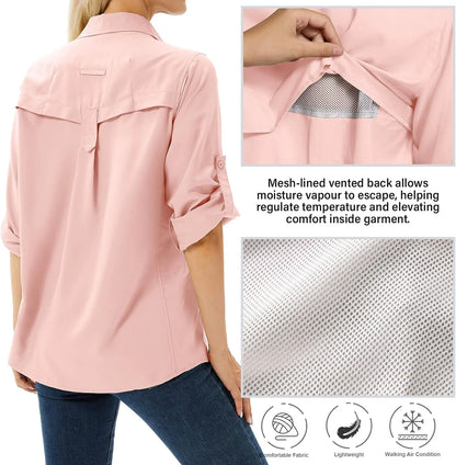 Women's UPF 50 Long Sleeve Sun Protection Safari Fish Hiking Shirts