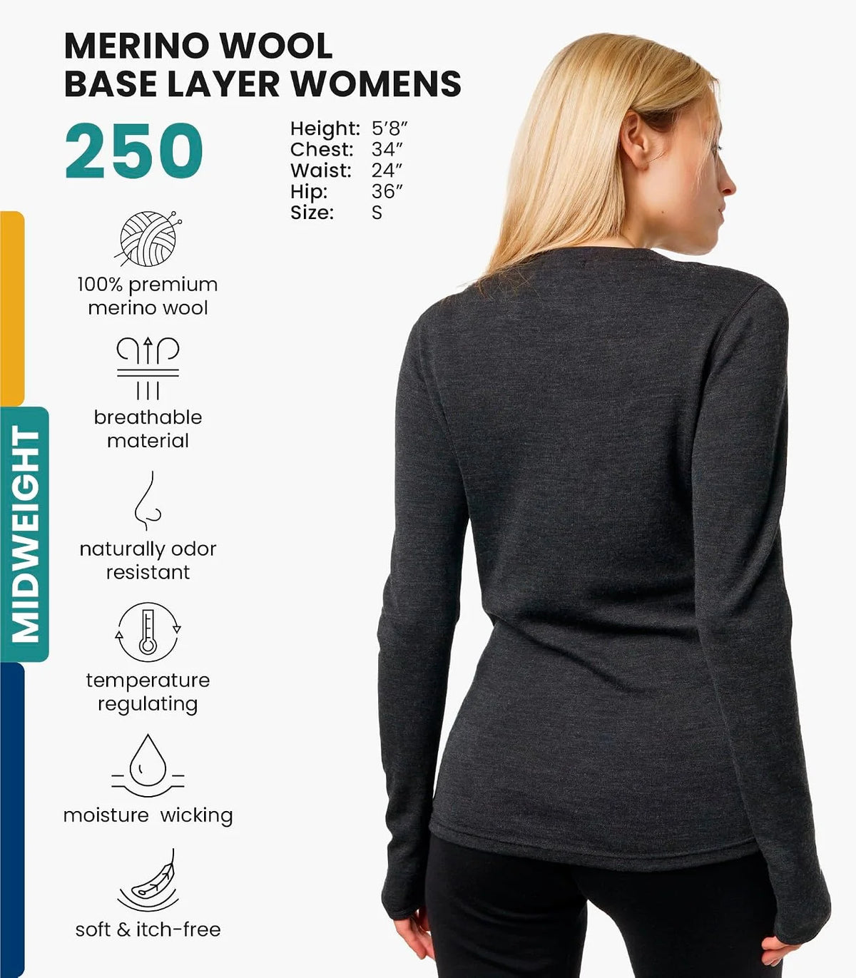 100% Merino Wool Base Layer Women - Long Sleeve Thermal Shirt with Socks